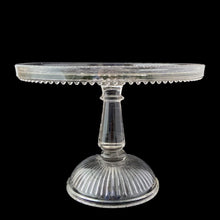 Load image into Gallery viewer, Detail of beaded edge and symbolic motifs on antique Adams Glass Good Luck pressed glass cake plate