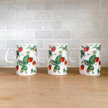 Load image into Gallery viewer, Opposite side view of three Roy Kirkham Alpine Strawberry bone china mugs. displaying red strawberries, flowers and green leaf pattern