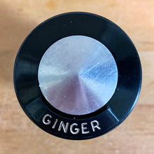 Load image into Gallery viewer, Vintage aluminum ginger spice shaker with black lid featuring the name of the spice in white. Crafted by Kromex, USA, circa 1950s. A fabulous example of mid-century design and style! In vintage condition with age appropriate wear. Measures 2 1/4 x 4 inches