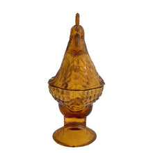 Load image into Gallery viewer, Vintage amber pressed glass standing rooster lidded candy dish #208. Crafted by Smith Glass, USA, 1907 - 2010. A fun piece to store treats, or use as farmhouse or cottage decor. In used vintage condition. There is roughness on the rims, but they could be from rough mold release, or they are flea bites. Measures 6 1/2 x 4 x 8 1/2 inches