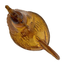 Load image into Gallery viewer, Vintage amber pressed glass standing rooster lidded candy dish #208. Crafted by Smith Glass, USA, 1907 - 2010. A fun piece to store treats, or use as farmhouse or cottage decor. In used vintage condition. There is roughness on the rims, but they could be from rough mold release, or they are flea bites. Measures 6 1/2 x 4 x 8 1/2 inches