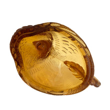 Load image into Gallery viewer, Vintage amber pressed glass standing rooster lidded candy dish #208. Crafted by Smith Glass, USA, 1907 - 2010. A fun piece to store treats, or use as farmhouse or cottage decor. In used vintage condition. There is roughness on the rims, but they could be from rough mold release, or they are flea bites. Measures 6 1/2 x 4 x 8 1/2 inches