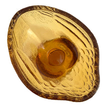 Load image into Gallery viewer, Vintage amber pressed glass standing rooster lidded candy dish #208. Crafted by Smith Glass, USA, 1907 - 2010. A fun piece to store treats, or use as farmhouse or cottage decor. In used vintage condition. There is roughness on the rims, but they could be from rough mold release, or they are flea bites. Measures 6 1/2 x 4 x 8 1/2 inches