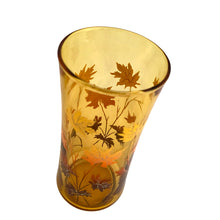 Load image into Gallery viewer, Vintage amber 16oz cooler glass tumbler decorated with maple leaves in brown, orange and yellow. Designed and crafted by the artisans at the Libbey Glass Company, USA, circa 1970s. You can almost taste the lemonade!
In excellent condition, free from chips/wear.
Measures 2 3/4 x 6 1/2 inches
Capacity 16 ounces