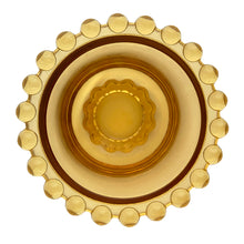 Load image into Gallery viewer, Vintage amber Party Line lidded glass marmalade jar or sugar bowl with a distinctive beaded edge. Crafted by Paden City Glass, USA, 1950s. A lovely addition to your tableware collection, or to give as a gift with a jar of your favourite condiment.
In very good condition, no chips, minor flea bites at the spoon hole.
Jar measures 3 1/2 x 3 3/4 inches