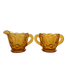 Load image into Gallery viewer, Vintage Amber "Moon and Star" Glass Creamer and Sugar, LE Smith Glass, USA