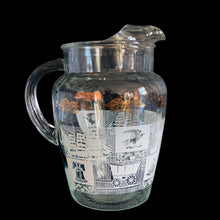 Load image into Gallery viewer, Vintage 64 oz clear glass ice lip pitcher with ribbed handle features a block printed design early American heritage scenes in white with a band of gold eagles and stars. Crafted by Anchor Hocking, USA, 1950s. A great way to show off your patriotic style!
In excellent condition, no chips, minor wear to the gold.
Measures 6 1/2 x 5 1/2 x 9 inches
Capacity 64 ounces