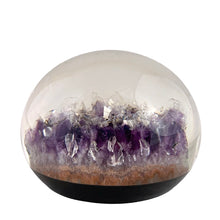 Load image into Gallery viewer, Side view of Tarax amethyst lucite paperweight showing depth and clarity of lucite encasement, Canadian made, 1990s