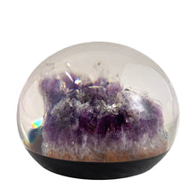 Load image into Gallery viewer, Side view of Tarax amethyst lucite paperweight showing depth and clarity of lucite encasement, Canadian made, 1990s