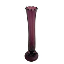Load image into Gallery viewer, Three-quarter view of Diamond Glass amethyst Twigs swung bud vase highlighting applied twig feet detail and radially-textured disc base