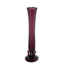 Load image into Gallery viewer, Side view of Diamond Glass amethyst Twigs swung bud vase showing swung glass form, scalloped rim, and applied amethyst twig feet on textured disc base