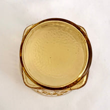 Load image into Gallery viewer, A charming set of four vintage mid-century modern honey gold "Pagoda" flat tumbler juice glasses made by the Anchor Hocking Glass Co. in the USA, circa 1960s-1970s. We love the distinct bark-like texture of this pattern. They're a perfect addition to any home! In excellent condition, no chips or cracks. Measures 2 3/8 x 3 3/4 inches Capacity 5 ounces