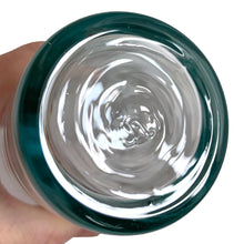 Load image into Gallery viewer, Close up of Bottom of a single vintage Anchor Hocking aqua Cameron beehive tumblers showing maker's mark