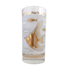 Load image into Gallery viewer, This stunning set of six mid-century era vintage highball glass tumblers are decorated with 22 karat gold angelfish and white seahorses, swimming in a frosted sea of waves with small stylized fish in gold and white in between scalloped gold borders. Crafted by Libbey Glass, USA, 1950s. These beauties will add an exquisite touch of Hollywood Regency style to any occasion - indulge your guests with these truly spectacular cocktail glasses while amping up the glam factor of your bar cart!