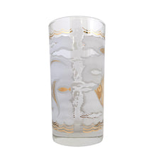 Load image into Gallery viewer, This stunning set of six mid-century era vintage highball glass tumblers are decorated with 22 karat gold angelfish and white seahorses, swimming in a frosted sea of waves with small stylized fish in gold and white in between scalloped gold borders. Crafted by Libbey Glass, USA, 1950s. These beauties will add an exquisite touch of Hollywood Regency style to any occasion - indulge your guests with these truly spectacular cocktail glasses while amping up the glam factor of your bar cart!