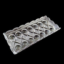 Load image into Gallery viewer, Sparkly vintage Bleikristall 24% clear and frosted crystal glass tray in the "Anglia" infinity pattern. Crafted by Nachtmann, West Germany. A lovely piece for your trinkets and will easily fit a large cell phone on your vanity/dresser. In excellent condition, no chips or cracks. Measures 8 3/4 x 4 inches