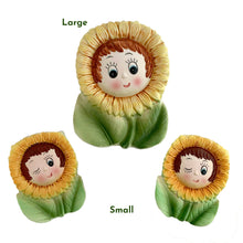 Load image into Gallery viewer, Set of three vintage mid-century era, hand painted anthropomorphic sunflower face ceramic wall pockets. Crafted by PY, Japan, 1950s. A must-have for any home decor collector, this charming and highly sought-after set is sure to add a touch of kitschy cuteness to your space.
In good vintage condition with minor wear to the top of the sunflowers and rim and a tiny chip on the large one, see photos.
Large measures 5 x 1 3/4 x 7 inches
Two small measures 3 1/2 x 1 3/8 x 4 3/4 inches