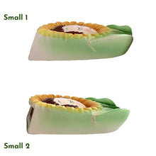 Load image into Gallery viewer, Set of three vintage mid-century era, hand painted anthropomorphic sunflower face ceramic wall pockets. Crafted by PY, Japan, 1950s. A must-have for any home decor collector, this charming and highly sought-after set is sure to add a touch of kitschy cuteness to your space.
In good vintage condition with minor wear to the top of the sunflowers and rim and a tiny chip on the large one, see photos.
Large measures 5 x 1 3/4 x 7 inches
Two small measures 3 1/2 x 1 3/8 x 4 3/4 inches