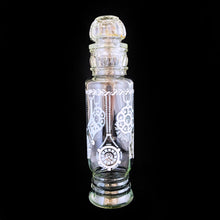 Load image into Gallery viewer, Vintage mid-century clear glass apothecary jar featuring a design of pale blue and white clock or watch pendants. Maker unknown. This versatile jar may be used to store food items in the kitchen, or vanity items in the bath. In excellent condition, free from chips/wear. Measures 2 1/2 x 11 inches