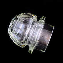 Load image into Gallery viewer, Vintage mid-century clear glass apothecary jar featuring a design of pale blue and white clock or watch pendants. Maker unknown. This versatile jar may be used to store food items in the kitchen, or vanity items in the bath. In excellent condition, free from chips/wear. Measures 2 1/2 x 11 inches