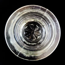 Load image into Gallery viewer, Vintage mid-century clear glass apothecary jar featuring a design of pale blue and white clock or watch pendants. Maker unknown. This versatile jar may be used to store food items in the kitchen, or vanity items in the bath. In excellent condition, free from chips/wear. Measures 2 1/2 x 11 inches