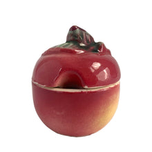 Load image into Gallery viewer, Sweet vintage mid-century era majolica style figural ceramic red apple condiment pot featuring brown branch and green leaves. Crafted by Metroware, Japan, circa 1940s. Perfect for adding kitsch style to your kitchen and table decor! In excellent used vintage condition, free from chips and new cork. Measures 2 x 2 inches