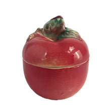 Load image into Gallery viewer, Sweet vintage mid-century era majolica style figural ceramic red apple condiment pot featuring brown branch and green leaves. Crafted by Metroware, Japan, circa 1940s. Perfect for adding kitsch style to your kitchen and table decor! In excellent used vintage condition, free from chips and new cork. Measures 2 x 2 inches