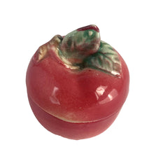 Load image into Gallery viewer, Sweet vintage mid-century era majolica style figural ceramic red apple condiment pot featuring brown branch and green leaves. Crafted by Metroware, Japan, circa 1940s. Perfect for adding kitsch style to your kitchen and table decor! In excellent used vintage condition, free from chips and new cork. Measures 2 x 2 inches