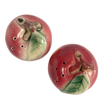 Load image into Gallery viewer, Sweet vintage mid-century era majolica style figural ceramic red apple salt and pepper shakers featuring brown branch and green leaves. Crafted by Metroware, Japan, circa 1940s. Perfect for adding kitsch style to your kitchen and table decor! In excellent used vintage condition, free from chips and new corks. Measures 2 3/8 x 2 1/4 inches