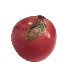 Load image into Gallery viewer, Sweet vintage mid-century era majolica style figural ceramic red apple single shaker featuring brown branch and green leaves. Crafted by Metroware, Japan, circa 1940s. Perfect for adding kitsch style to your kitchen and table decor! In excellent used vintage condition, free from chips and new cork. Measures 2 x 2 inches