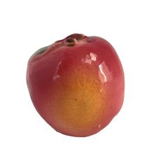 Load image into Gallery viewer, Sweet vintage mid-century era majolica style figural ceramic red apple single shaker featuring brown branch and green leaves. Crafted by Metroware, Japan, circa 1940s. Perfect for adding kitsch style to your kitchen and table decor! In excellent used vintage condition, free from chips and new cork. Measures 2 x 2 inches