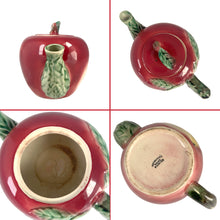 Load image into Gallery viewer, Rare Find! Sweet vintage mid-century era majolica style figural apple shaped ceramics, including a teapot, creamer and covered sugar featuring brown branch handles and green leaves. Crafted by Metroware, Japan, circa 1940s. Perfect to add kitsch style to your kitchen decor. In excellent used vintage condition, free from chips, with interior staining and crazing. Measures 8 1/2 x 4 3/4 x 5 3/4 inches