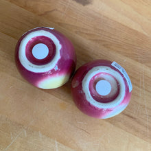 Load image into Gallery viewer, Sweet vintage mid-century era majolica style figural ceramic red apple salt and pepper shakers featuring brown branch and green leaves. Crafted by Metroware, Japan, circa 1940s. Perfect for adding kitsch style to your kitchen and table decor! In excellent used vintage condition, free from chips and new corks. Measures 2 3/8 x 2 1/4 inches