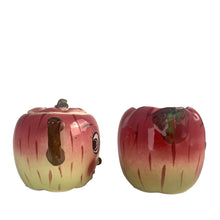 Load image into Gallery viewer, Adorable hand painted anthropomorphic apple face creamer and covered sugar. Crafted by PY, Japan, 1950s. A sweet mid-century kitschy set makes a great addition to your ceramics collection and kitchen decor!
In excellent vintage condition, no chips/cracks, normal crazing present.
Creamer measures 3 3/4 x 3 1/4 inches
Sugar measures 3 1/4 x 3 3/8 inches