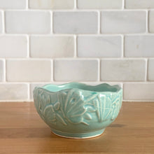 Load image into Gallery viewer, Vintage Art Deco matte aqua glazed Butterfly Line console bowl. Crafted by Nelson McCoy Pottery, early 1940s. This rare piece is must for any McCoy art pottery collector!
In excellent vintage condition, no chips/cracks/repairs. Unmarked.
Measures 10 1/4 x 8 1/8 x 6 1/2 inches