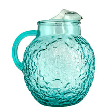 Load image into Gallery viewer, Side view of 1960s Anchor Hocking Milano pitcher in rare aqua glass with ice lip