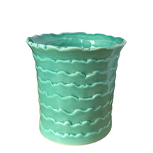 Load image into Gallery viewer, Full view of vintage aqua turquoise wave ceramic planter, 3.875 inches tall, excellent condition, coastal pottery