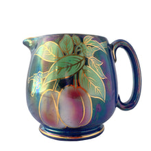 Load image into Gallery viewer, Vintage 1920s Britannia Pottery lustreware pitcher with iridescent blue glaze and hand-painted plums