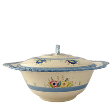 Load image into Gallery viewer, Front view of complete Art Deco New Hall Hanley serving bowl set showing lid, basin, and rare NHP9 floral pattern