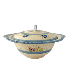 Load image into Gallery viewer, Back view of vintage New Hall Hanley tureen showing embossed rim detail and Art Deco geometric banding