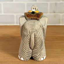 Load image into Gallery viewer, Artesania Rinconada elephant figurine number 9 vintage Uruguay art pottery rear view showing back body texture brown glazed ribbed saddle with decoration collectible figurine