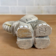 Load image into Gallery viewer, Artesania Rinconada elephant figurine number 9 base view showing incised makers mark signature four textured feet pads handmade art pottery Uruguay signed collectible