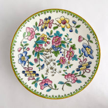 Load image into Gallery viewer, Vintage hand painted, multi-colour Asian rose flowered teacup in the Chinoiserie style is a rare pattern produced by Hammersley and Company, Bone China, England, circa 1940s. Painted in the interior and exterior, the flowers are shades of blue, pink, yellow and green featuring a pair of scrolls tied with a pink bow. Makes a lovely gift for any occasion. Excellent condition, free from chips, cracks or repairs. Teacup measures3 1/2 x 2 1/4 inches. Saucer measures 5 1/4 inches