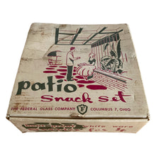 Load image into Gallery viewer, This delightful vintage mid-century era Atomic Flower eight piece milk glass snack plate and cup set captures the perfect balance between classic style and sophistication. The plates are offset oval shaped and both plate and cup feature a sweet pattern of florals in shades of turquoise, pink, yellow and black. Crafted by Federal Glass, USA, circa 1950s. New old stock in original box. In like-new vintage condition, no chips, cracks or wear.
Snack plates measure 7x10 inches Cups measure 3 1/4x2 1/2 inches