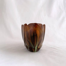 Load image into Gallery viewer, Vintage oval shaped redware pottery planter, finished with Aurora Borealis drip glaze in tones of brown, toffee and green on a lily pattern. Produced by CCC Pottery, Canada, circa 1960s. In excellent condition, free from cracks/repairs. A couple of minor flea bites to the rim which aren't too noticeable thanks to the colour of the redware. Measures 8 3 1/8 x 3 1/8 inches