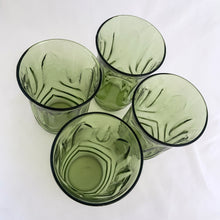Load image into Gallery viewer, Add some retro style to your drinkware with the set of 4 vintage "Tulip" flat glass tumblers in green featuring a tulip and swag design. Crafted by Anchor Hocking, USA, circa 1970s. A great addition to your drinkware collection! In excellent condition, free from chips. Measures 3 x 5 inches Capacity 12 ounces