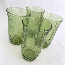 Load image into Gallery viewer, Add some retro style to your drinkware with the set of 4 vintage "Tulip" flat glass tumblers in green featuring a tulip and swag design. Crafted by Anchor Hocking, USA, circa 1970s. A great addition to your drinkware collection! In excellent condition, free from chips. Measures 3 x 5 inches Capacity 12 ounces