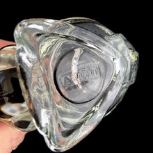 Load image into Gallery viewer, Close up view of base of vintage clear glass squirrel votive candle holder, Indiana Glass, showing Avon mark