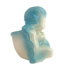 Load image into Gallery viewer, Vintage baby boy ceramic planter, shape 92. This sweet planter features a baby boy in blue diaper holding a rattle, leaning against a blue ruffled edged pillow. Crafted by Hull Pottery, USA, 1950s. Perfect for a houseplant or to use as nursery decor or as a practical holder for baby's accessories. In excellent condition, no chips. Measures 5 1/4 x 4 1/2 x 5 1/2 inches