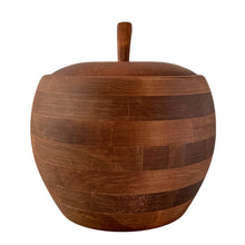 Load image into Gallery viewer, Front view of Baribocraft apple-shaped ice bucket showing walnut wood grain and naturalistic figural form, 1960s Canadian barware
